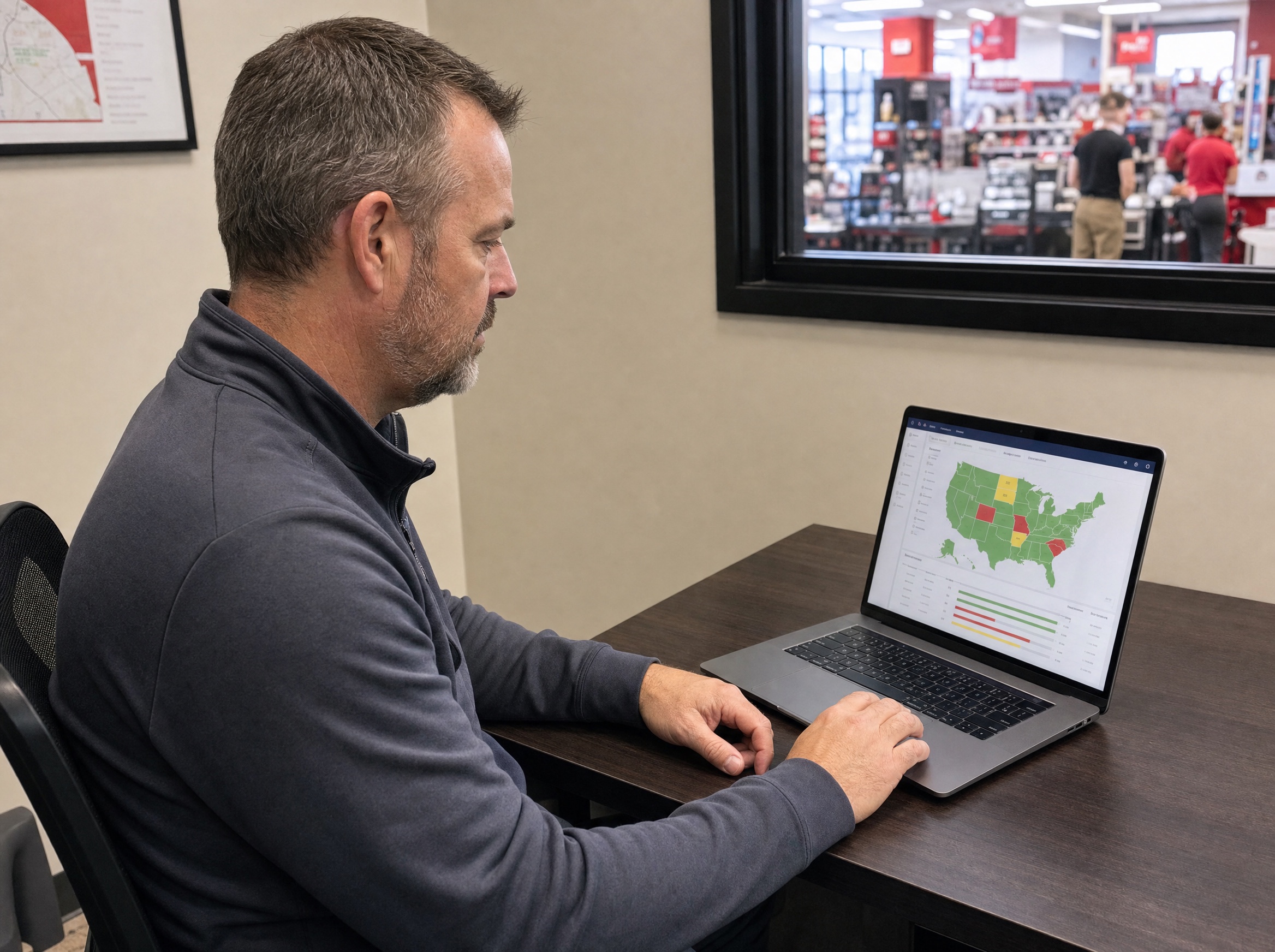 An operations leader reviewing location performance while observing a retail store